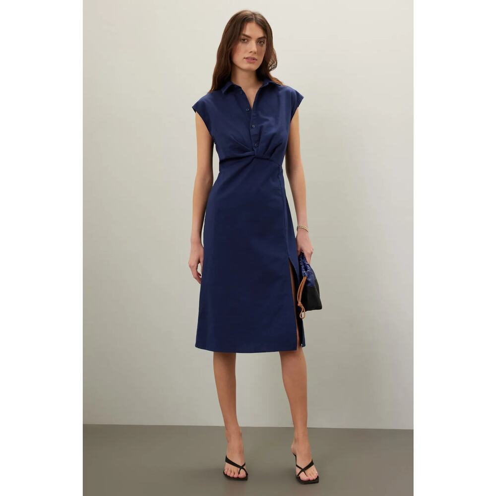 Area Stars Jill Shirt Dress Linen Blend Cap Sleeve Twist Front Midi Blue Large